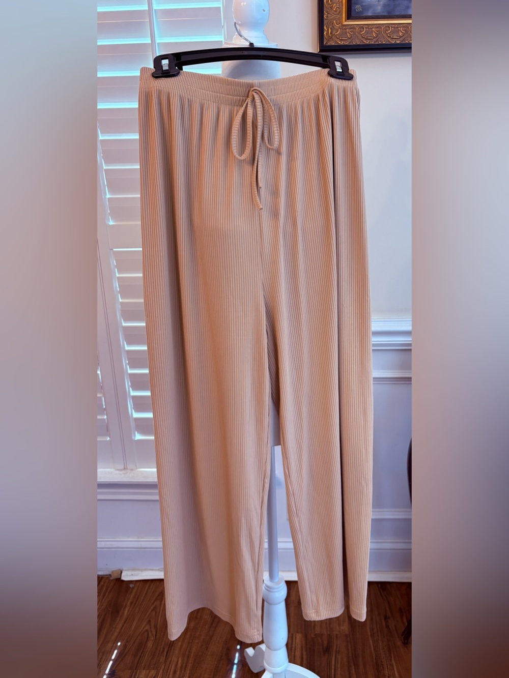 Sweet Rain Ribbed Wide-Leg Drawstring Pants in Tan